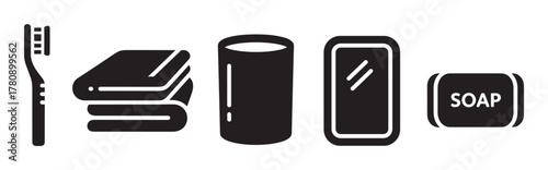 Black silhouette icons representing a toothbrush, folded towels, a cup, a mirror, and a soap labeled with text.