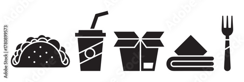 Black silhouette icons of a taco, a drink with a straw, a takeout box, a napkin, and a fork in a simple and minimal design.