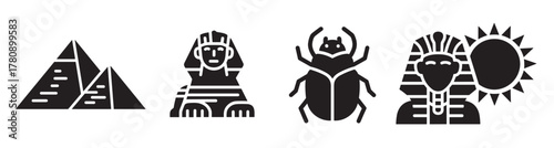 Black silhouette icons featuring egyptian symbols including pyramids, the sphinx, a scarab beetle, and the pharaoh with a sun.