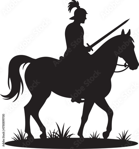 Black silhouette of a knight on horseback holding a sword