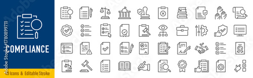 Compliance web icons in line style. Regulations, policy, legal document, quality control, responsibility, law. Editable stroke. Vector illustration.