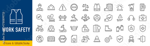 Work Safety web icons in line style. Protection, risk management, workplace security, insurance, health, hazard, helmet. Editable stroke. Vector illustration.