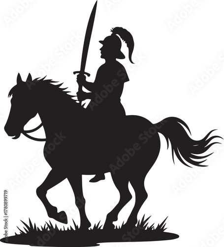 Black silhouette of a horse rider with sword and helmet