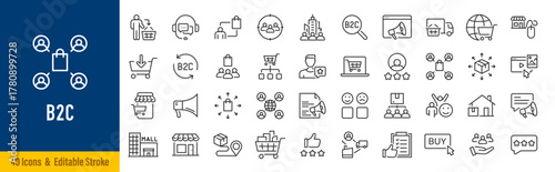 B2C web icons in line style. Business to consumer, sales, delivery, e-commerce, store, shopping, website, customer, supply chain, social media, support . Editable stroke. Vector illustration.