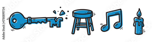 Blue and black outlined icons of a broken key, a wooden stool, a musical note, and a lit candle with wax drips.