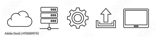 Black outline icons of a cloud, server rack, gear, upload arrow, and computer monitor in a minimal design representing technology and computing concepts.