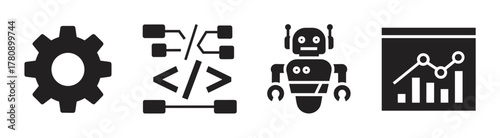 Four black icons depicting a gear, flowchart with code, robot with antennae, and bar graph with line chart for technology and automation concepts.