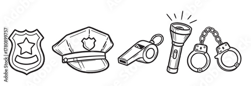 Simple black and white sketches of a police badge, a police cap, a whistle, a flashlight, and handcuffs arranged in a row.
