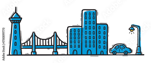 Blue outlined urban skyline with a bridge, tall buildings, a tower, and a street lamp with a small car parked underneath.