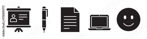 Black icon set featuring a presentation board, pen, document, laptop, and smiley face, representing various office and communication concepts.
