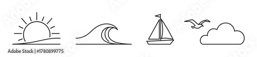 Simple black outline icons depicting a sun rising over a hill, a wave, a sailing boat, and a cloud with a bird flying.