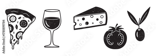 Black and white icons of a pizza slice, a wine glass, a cheese wedge, a tomato, and an olive with leaves, illustrating a food and drink theme.