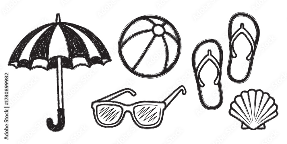 Fototapeta premium Hand-drawn black outline illustration of beach items including an umbrella, ball, flip-flops, sunglasses, and a sea shell.