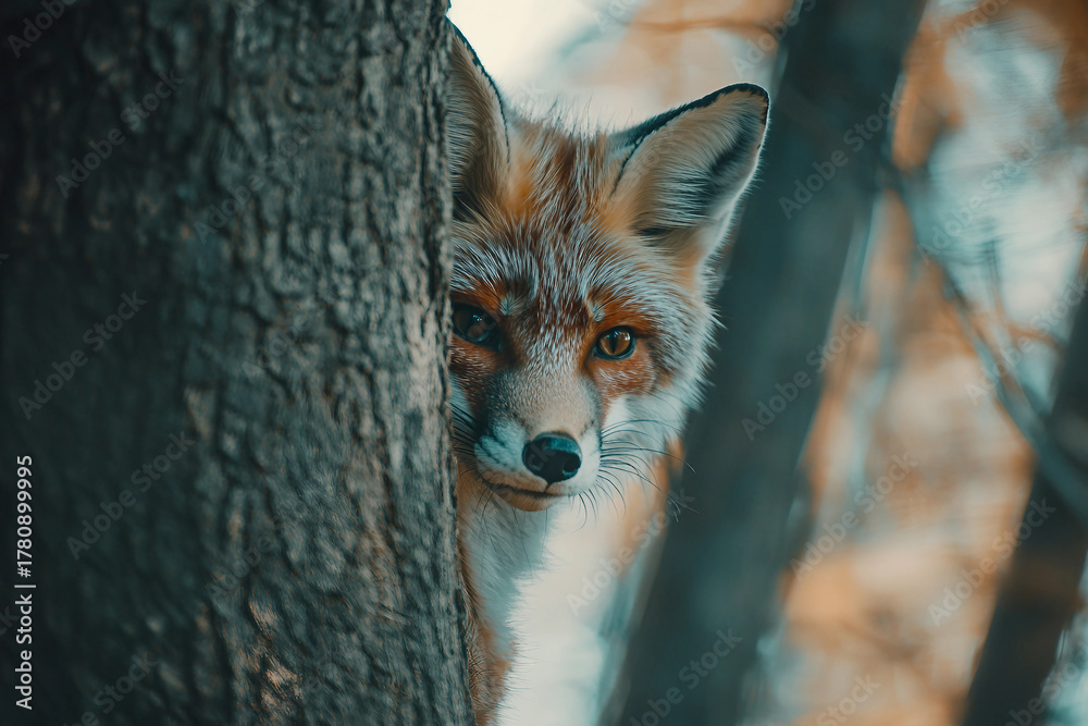 Fototapeta premium Generative AI image of curious wild red fox peeking from behind tree trunk in green summer forest with soft natural lighting