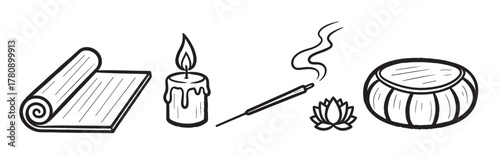 Black outline vector icons of a rolled-up yoga mat, burning candle, incense stick with smoke, lotus flower, and meditation cushion.