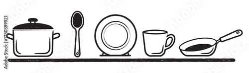 Black and white outline of five kitchen items, including a pot, spoon, plate, cup, and frying pan, arranged in a line.