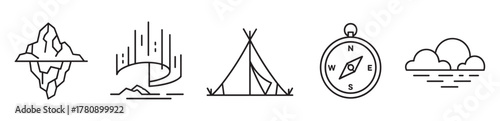 Black outline vector icons of iceberg, waterfall, triangular camping tent, compass, and cloud. minimal linear illustrations for outdoor, travel, and nature themes.