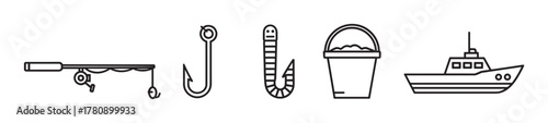 Black outline icons of a fishing rod, hook, worm, bait bucket, and boat, illustrating essential items for fishing activities.