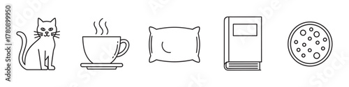 Black outline vector icons of a cat, steaming cup of coffee, pillow, book, and pizza slice arranged in a row.