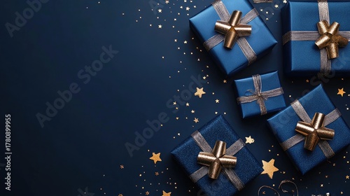 Blue luxury gift boxes with golden ribbons and sparkling star confetti on dark background, ideal for Christmas, New Year, and elegant holiday celebration designs