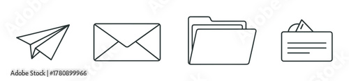 Four black outline icons of a paper plane, envelope, open folder, and id card, representing communication, storage, and identification concepts.