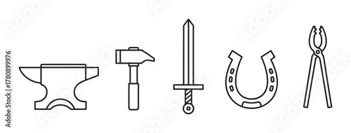 Black outline icons of a metal anvil, hammer, sword, horseshoe, and pliers representing tools and objects used in blacksmithing and metalwork.