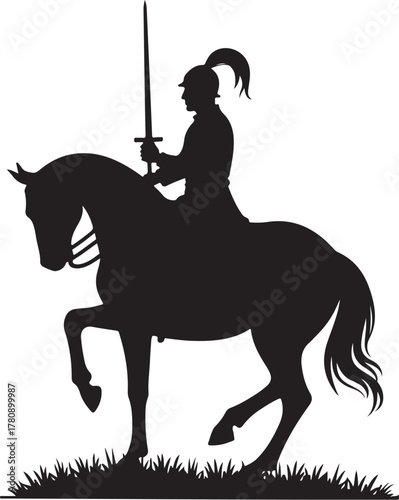 Black silhouette of a knight on horseback holding a sword