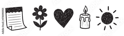 Hand-drawn black outline icons depicting a notepad, a flower, a heart, a candle, and a sun, each symbolizing creativity and positivity.