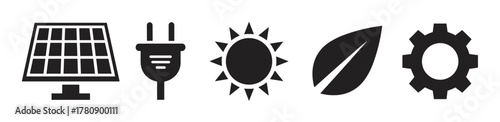 Black icons representing a solar panel, electric plug, sun, leaf, and gear, symbolizing renewable energy and sustainability concepts.