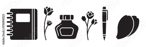 Black silhouette icons of an open notebook, ink bottle, pen, rose flowers, and leaves, illustrating writing and botanical themes.