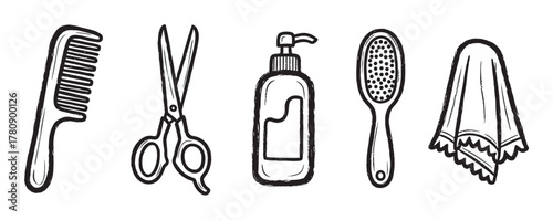 Black outline vector icons of a comb, scissors, a pump bottle, a hairbrush, and a cloth, illustrating essential items for hair care and grooming.