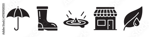 Black silhouette icons representing an umbrella, a rubber boot, a puddle with raindrops, a store with an awning, and a leaf with a droplet.
