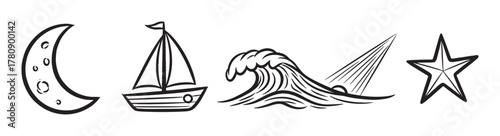 Black outline illustrations of a crescent moon, sailboat, ocean wave, shooting star, and a five-pointed star.