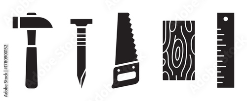 Black silhouette icons of common woodworking tools including a hammer, nail, saw, plank, and ruler, representing craftsmanship and carpentry.