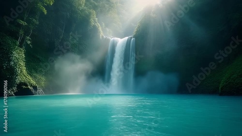 Cinematic Slow-Motion Waterfall in Turquoise Pool – Peaceful Nature Scene with Mist and Sunlight Rays