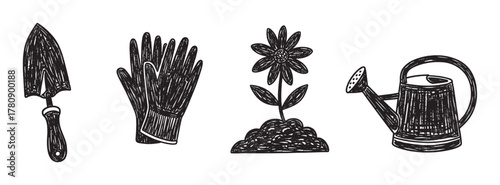 Black outline vector icons of a gardening trowel, gloves, a flower with soil, and a watering can, representing essential tools for gardening and planting activities.