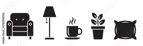 Black silhouette icons representing a cozy armchair, a standing lamp, a steaming cup, a potted plant, and a cushion, conveying a warm home atmosphere.