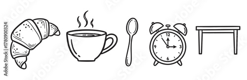 Black outline vector icons of a croissant, steaming coffee cup, spoon, alarm clock, and rectangular table arranged in a row.