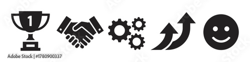Black icons depicting a trophy, handshake, gears, upward arrows, and a smiling face, symbolizing success, teamwork, progress, growth, and happiness.