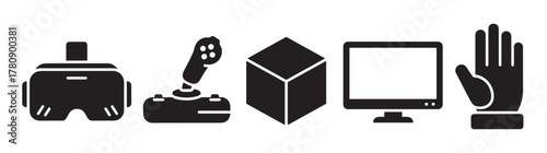 Black icons illustrating a vr headset, a game joystick, a cube, a computer monitor, and a hand, symbolizing virtual reality and technology interactions.