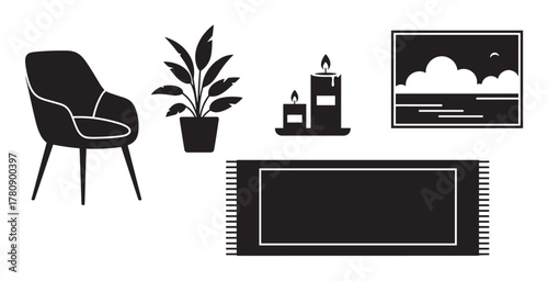 Black silhouette icons of a modern chair, potted plant, candles, decorative framed landscape, and a rectangular rug.