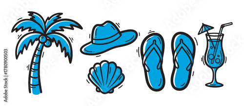 Hand-drawn icons featuring a palm tree, wide-brimmed hat, seashell, flip-flops, and a cocktail with straws and an umbrella.
