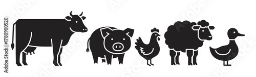 Black silhouette icons of farm animals including a cow, pig, chicken, sheep, and duck, illustrating basic livestock shapes.