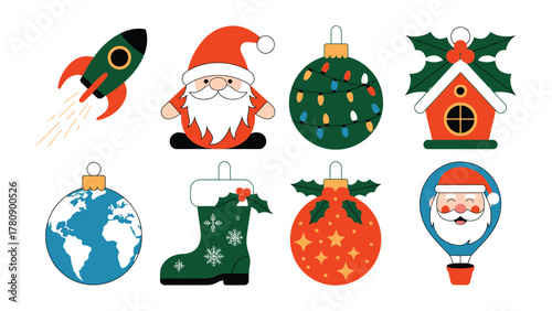 Festive Christmas Ornaments and Icons: A delightful assortment of Christmas ornaments and icons, perfect for spreading holiday cheer, including santa, boot, stars.