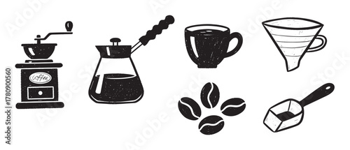 Black and white sketch-style designs of a coffee grinder, coffee pot, mug, filter cone, coffee beans, and a scoop.