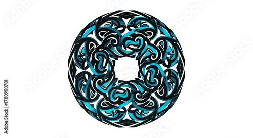 Intricate abstract artwork of a spherical design in captivating turquoise and black hues enhancing