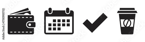 Black outline icons of a wallet with money, a calendar, a check mark, and a coffee cup, each representing different everyday essentials.