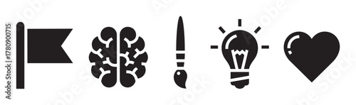 Bold black silhouette icons of a flag, brain, paintbrush, light bulb, and heart in a horizontal row, representing diverse concepts.