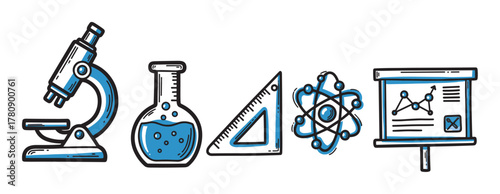 Hand-drawn scientific icons featuring a microscope, beaker, triangle ruler, atomic symbol, and presentation board.