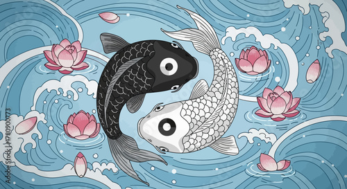 Artistic interpretation of Yin and Yang depicted with Koi fish in calming water scene